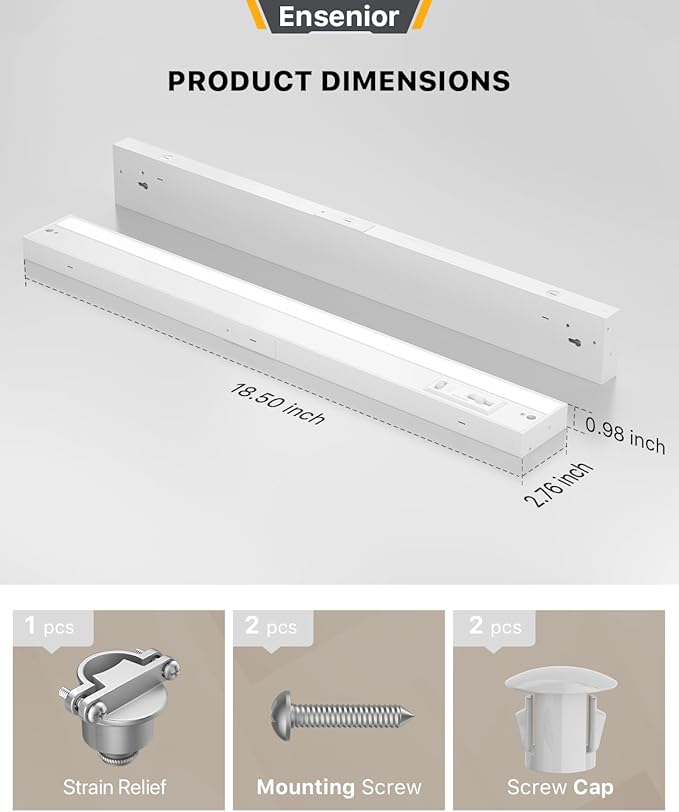 Ensenior 18 Inch LED Under Cabinet Lighting Hardwired, 5CCT, 10W 650LM, 2700K/3000K/3500K/4000K/5000K, Wired Under Cabinet Lights, Dimmable Under Counter Lights for Kitchen, FCC, 1 Pack