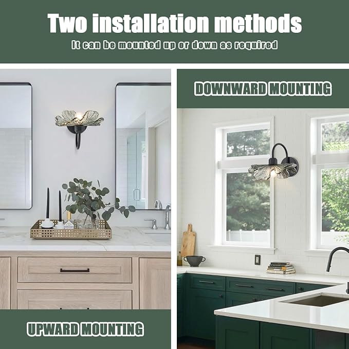 Black Bathroom Vanity Light Vintage Wall Sconce Hand Blown 1-Light Wall Lamp Bathroom Wall Sconces with Dark Green Glass Shade Black Vanity Light Over Mirror for Bedroom Hallway Living Room