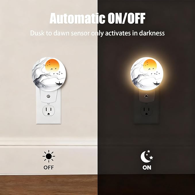 Plug-in Zen Ink Art Night Light Boat Birds and Sunset Nightlight with Dusk to Dawn Sensor, Auto On/Off 0.5W Energy-Saving LED Lighting for Men Women Boys Girls Gift