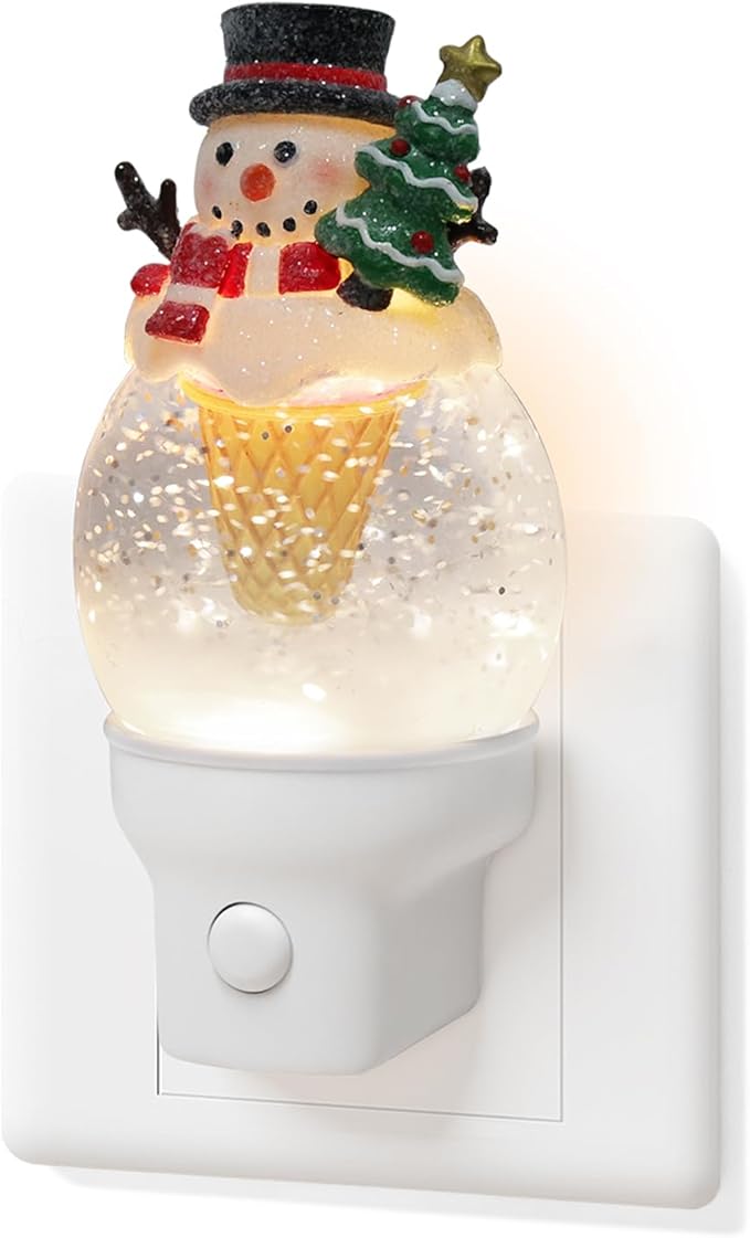Christmas Night Light Plug into Wall Glitter Water Nightlight with USB/Outlet Options, Christmas Snowman Ice Cream Decorative Nightlight for Bedroom Holiday Decorations Gifts (Snowman Ice Cream)