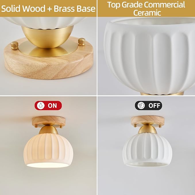 2 Pack White Ceramic Wood Brass Base Semi Flush Mount Ceiling Light Vintage Hallway Light Fixtures, Modern Small Flush Mount Ceiling Light Lamp for Hall Kitchen Entryway Passway Porch Foyer