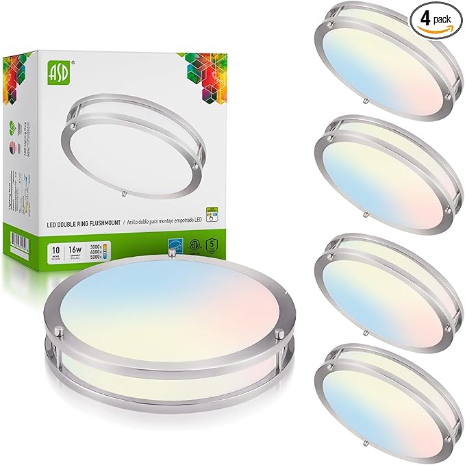 ASD LED 10" Round Flush Mount Lighting, Close to Ceiling Light Fixture | 3CCT, Dimmable, Energy Star, ETL Listed | 16W 1050LM 3000K-5000K 120V | Low Profile Double Ring Lamp | Nickel, 4 Pack