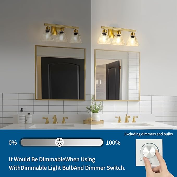 3-Light Modern Bathroom Light Fixtures, Gold Bathroom Vanity Lights with Clear Glass Shade, Farmhouse Wall Sconces for Mirror Kitchen Bedroom Living Room
