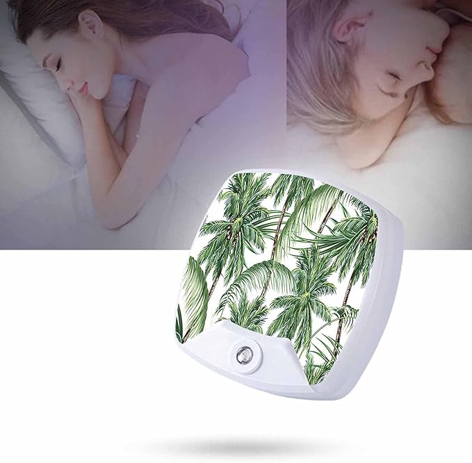 LED Square Night Light,Green Tropical Leaves Palm Trees LED Night Light Plug into Wall with Dusk to Dawn Light Sensor White Energy Efficient Nightlight for Bedroom Hallway Living Room Kitchen