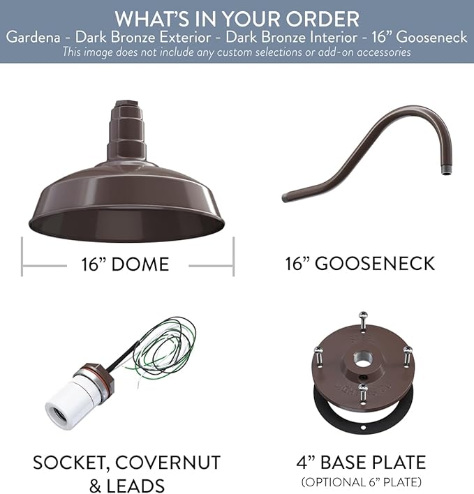 Steel Lighting Co. Gardena Barn Light | Outdoor Wall Mounted | 16" Dome | 16" Gooseneck | Farmhouse Light Made in America | Dark Bronze Exterior/Dark Bronze Interior