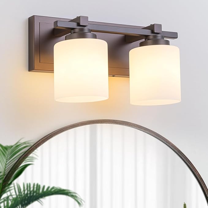 2 Light Modern Bathroom Light Fixtures Over Mirror, Bronze Finish Vanity Lights for Bathroom Wall Sconces with Milky White Glass Shades, E26 Socket (Bulbs Not Included)