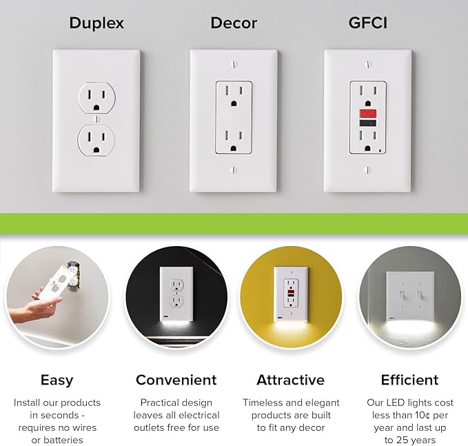 3 Pack - SnapPower GuideLight [for GFCI Outlets Only] - Night Light - Electrical Outlet Wall Plate With LED Night Lights - Automatic On/Off Sensor - (GFCI, White)