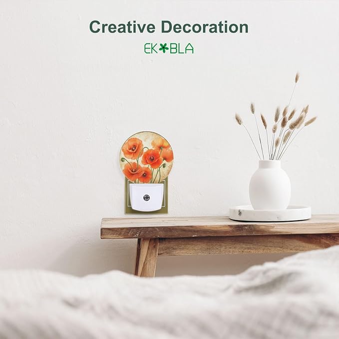 EKOBLA Floral Night Lights Plug into Wall Vintage Poppy Flower Red Orange Night Light LED Round Lamp for Boys Girls, Dusk to Dawn Sensor Nightlight for Stairway Hallway Kitchen