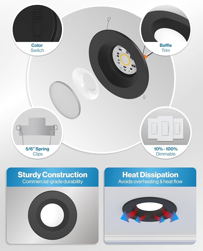 Sunco 24 Pack 5CCT Black LED Recessed Lighting 6 Inch, 2700K/3000K/3500K/4000K/5000K Selectable, Dimmable Can Lights, Baffle Trim, 13W=120W, 965 LM, Damp Rated, Retrofit Installation - UL Listed.