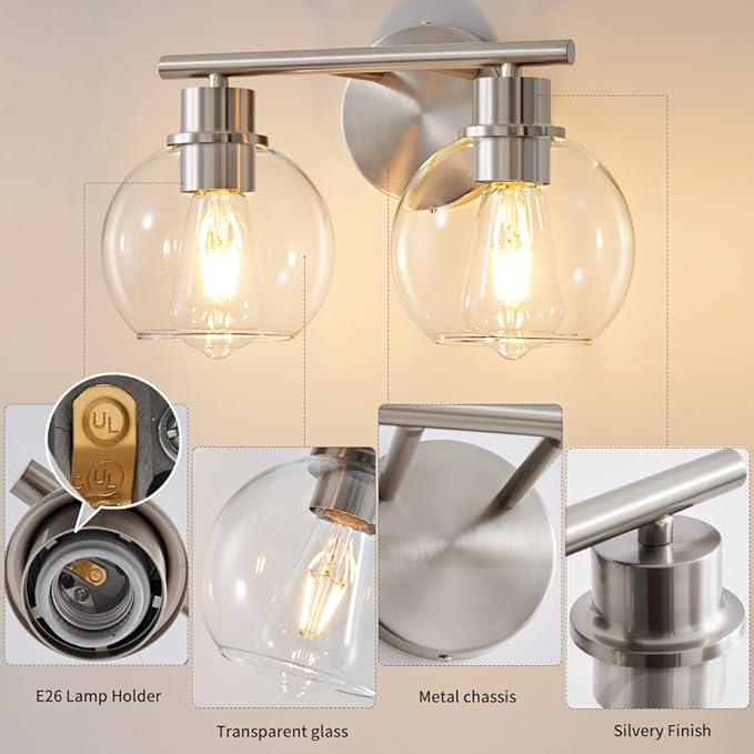 Bathroom Light Fixtures Over Mirror 2-Lights Bathroom Vanity Light with Clear Glass Shade 13.8 inch Modern Brushed Nickel Vanity Lights Wall Sconce Lighting for Bath