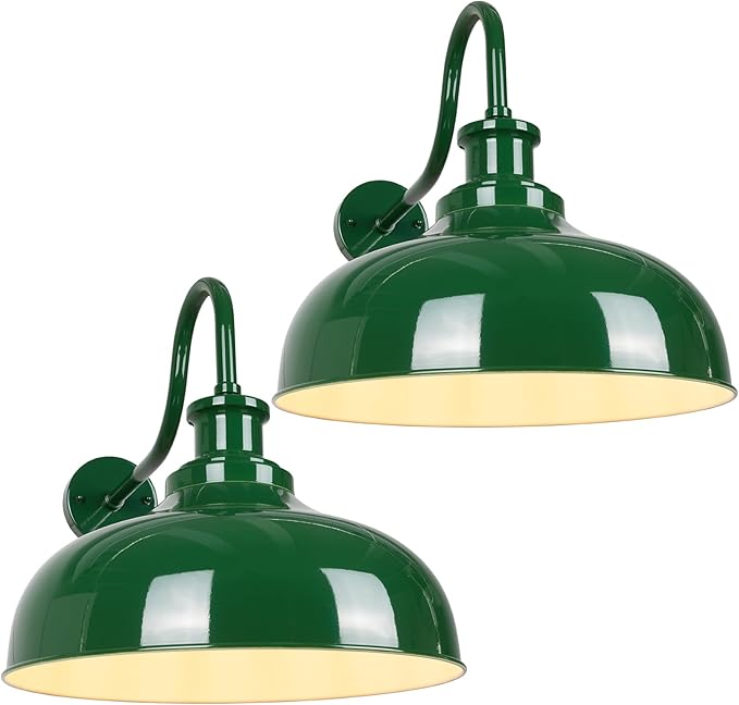 Outdoor Barn Lights, 16 Inch Dome Rustic Outdoor Wall Sconces, Farmhouse Exterior Wall Mount Lighting Fixture, Industrial Green Wall Lantern for Porch, Entryway, Garage, RZ007L-2 GR+WH