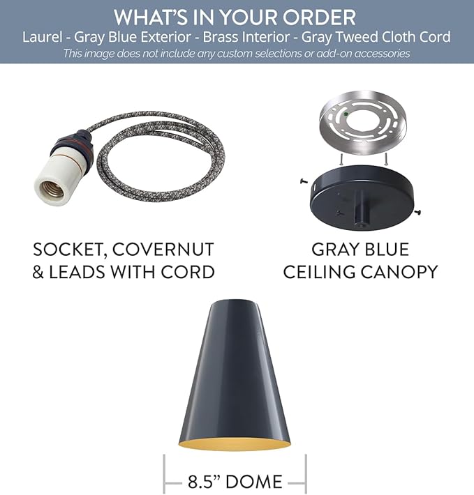 Steel Lighting Co. Laurel Pendant Light | Ceiling Mounted | 8.5 inch Cone Shade | Modern Contemporary Farmhouse Style Made in America | Gray Tweed Cloth Cord | Gray Blue Exterior/Brass Interior