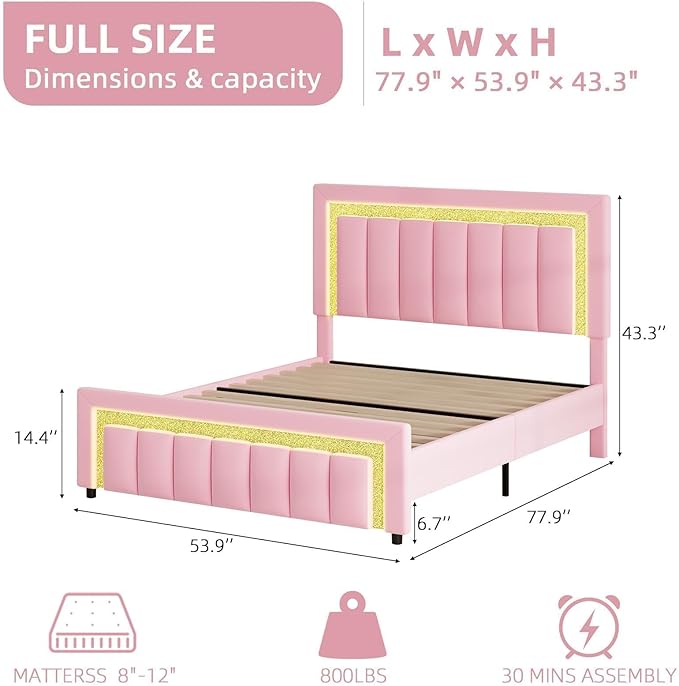 HOMBCK Full Size Bed Frame with LED Lights and Velvet Upholstered Headboard, Bed Frame Full with Modern Diamond Headboard Adjustable, Wooden Slats Support, Noise Free, No Box Spring Needed, Pink