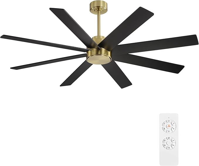 WINGBO 72" Large DC Ceiling Fans without Lights, 3 Downrods, 8 Plywood Blades, 6-Speeds Reversible DC Motor, Indoor Ceiling Fan No Lights for Bedroom Living Room Patio, Brass and Black