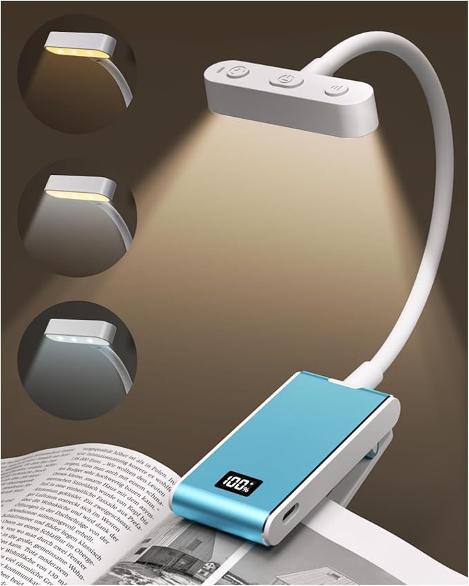 Rechargeable Book Light for Reading at Night in Bed, Clip On Reading Light with Power Display, 90 Hrs Runtime,Brightness Adjustable for Eye-Protection Reading Book Bookmark Lamp for Book Lovers