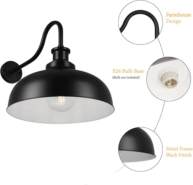 Outdoor Barn Lights,16 Inch Dome Outdoor Wall Sconces Farmhouse Exterior Wall Mount Light Vintage Wall Lighting Fixture Industrial Black Lantern Lamps for Porch, Entryway, Garage, 2 Pack