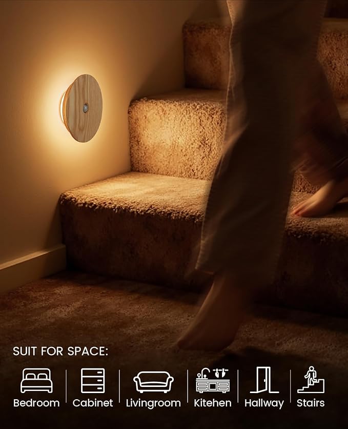 Motion Sensor Night Light Wood, Rechargeable Battery-Powered Magnetic Stick-On Night Light Wall Light for Indoor Stairs, Hallway, and Bedroom (Ash Wood *1Pack)