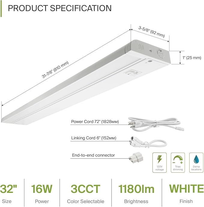 ASD Swivel LED Under Cabinet Lighting, 32 Inch 16W, Hardwired or Plug-in, 2700K/3000K/4000K, Hi/Low Switch, Rotatable Lens, Dimmable Linkable Under Counter Light for Kitchen, ETL & Energy Star