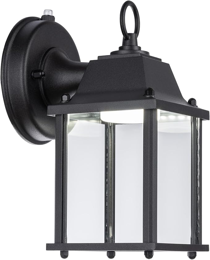 LIT-PaTH Small Outdoor LED Wall Lantern with Dusk to Dawn Photocell, 5000K Daylight White, 9.5W, 800 Lumen, Aluminum Housing Plus Glass, Outdoor Rated, 1-Pack, Black