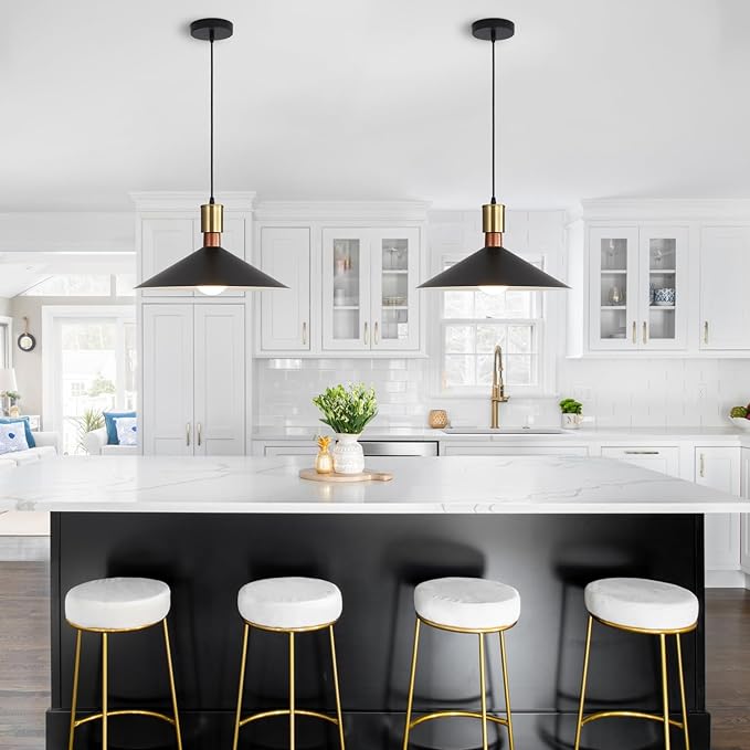 16 Inch Modern Black Pendant Light, Minimalist Cone Pendant Lamps for Kitchen Island, Industrial Adjustable Height Hanging Lights Indoor for Barn Dining Living Entryway Shop (Style A-1 Pack)