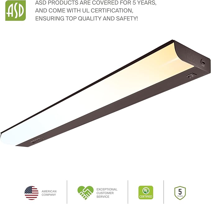 ASD 24 Inch Hardwired LED Under Cabinet Light, On/Off & 5CCT Switch 2700K-5000K, 12W 1051LM CRI90+, Direct Wire Low Profile Linkable Fixture, Dimmable Under Counter Kitchen Lighting, Bronze, UL