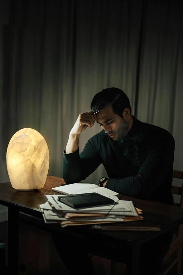 Natural Calcite Stone Lamp – Handcrafted from Solid Crystal Stone, Dimmable Bedside Accent Light, Unique One-of-a-Kind Texture, Small Cylinder Table Lamp for Bedroom