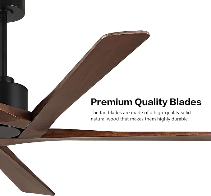 WINGBO 64 Inch DC Ceiling Fan without Lights, 5 Reversible Carved Solid Wood Blades, 6-Speed Noiseless DC Motor, Ceiling Fan No Light with Remote, Matte Black Finish with Walnut Blades, ETL Listed
