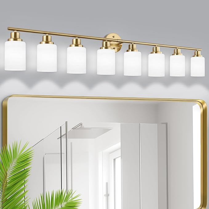 8-Light Vanity Lights, Brushed Gold Bathroom Light Fixture with Striped Textured Milky White Glass Shade, Modern Vanity Lighting Fixture for Bathroom Wall Light Over Mirror, E26 Wall Sconce