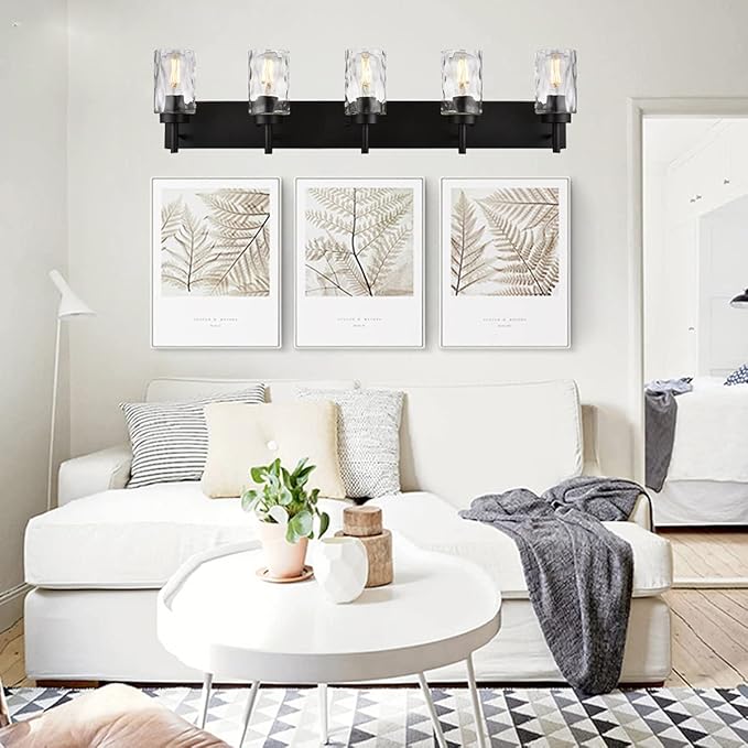 BONLICHT Modern Bathroom Lighting Over Mirror 5-Lights Rustic Bath Vanity Wall Mounted Light Fixtures Black Farmhouse Wall Sconce Lamp with Clear Hammered Glass Shade for Kitchen Living Room Hallway