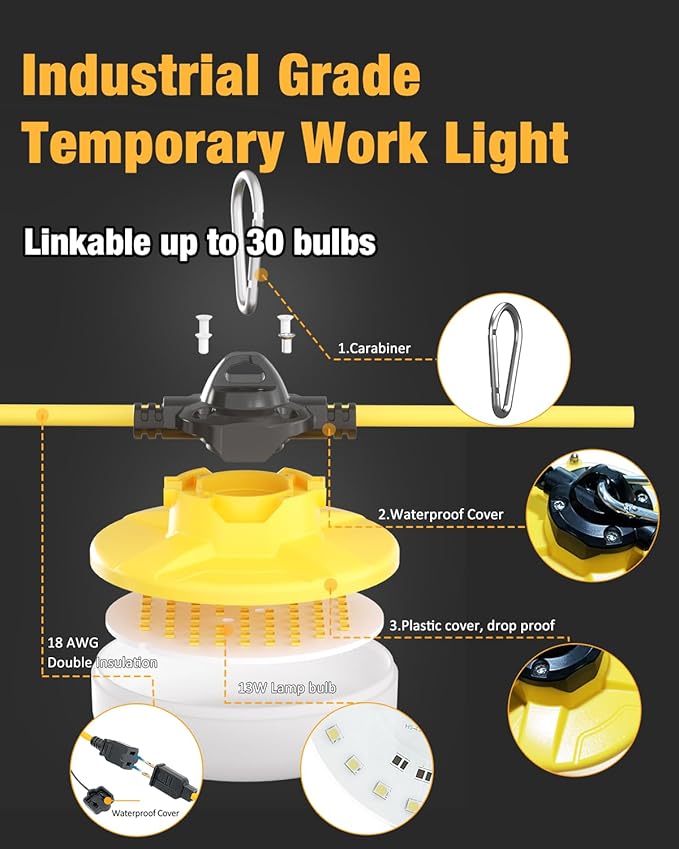 100FT LED Construction String Lights 3 Prong, 130W 16000Lm LED String Work Lights, 5000K Daylight Temporary Lighting for Construction Sites, Jobsite, Renovation, Mine Cave, UL Listed