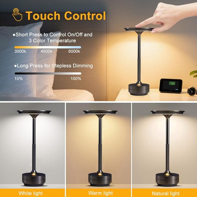 EJQ 2Pack Cordless Table Lamps, Rechargeable Portable 5000mAh Battery Powered Lamps, Outdoor Desk Lamp 3 Color Stepless Dimming, LED Touch Bedside Table Lamp for Bedroom/Bar/Kitchen/Patio (Black)