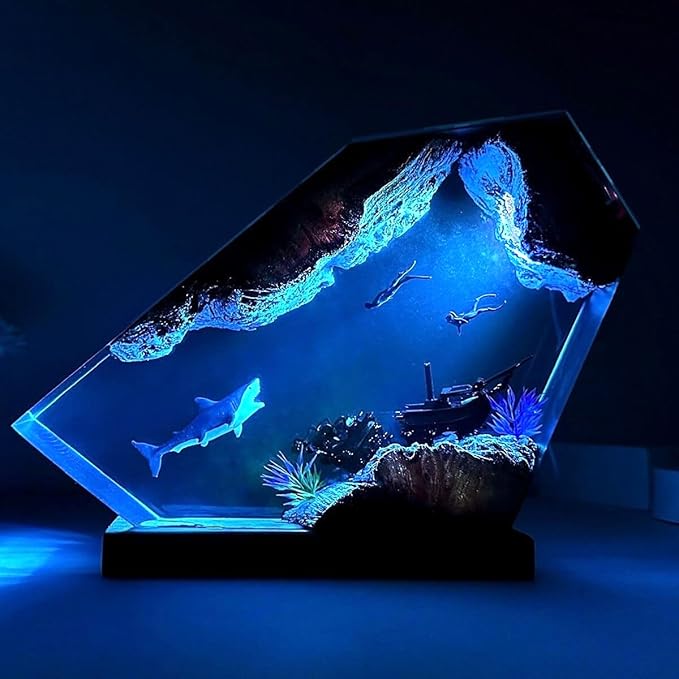 Shark Ocean Resin Lamp, Handmade Resin Night Light for Home Office Decor, Multi-Color LED Light with USB Port, Shark Gifts for Women & Men, Birthday Holiday Marine Biology Gifts for Kids (6"x4")