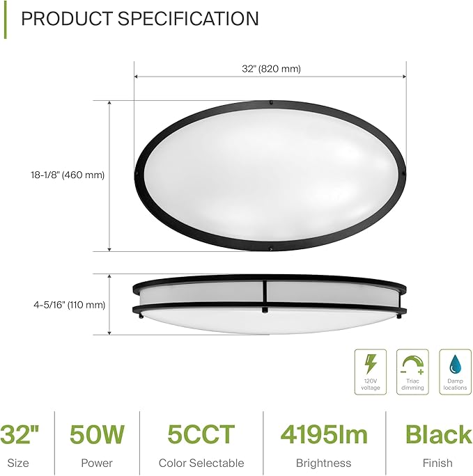 ASD LED 32" Oval Flush Mount Lighting, Close to Ceiling Light Fixture | 5CCT, Dimmable, ETL Listed | 50W 3960LM 2700-5000K 120V | Low Profile Double Ring Lamp | Black, 2 Pack