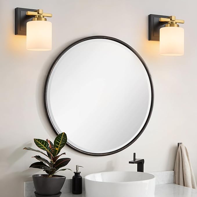 1 Light Modern Bathroom Light Fixtures Over Mirror, Black Gold Vanity Lights for Bathroom Wall Sconces with Milky White Glass Shades, E26 Socket (Bulbs Not Included)