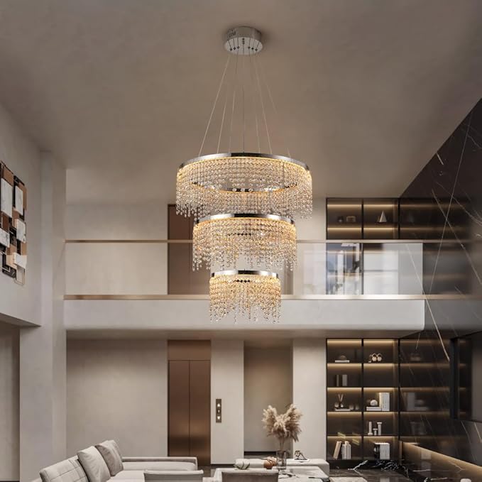 3 Tier LED Modern Ceiling Light Fixture, Home Decor LED Round Crystal Chandeliers, Adjustable Color Temperature Chandelier for Living Room, Dining Room, Bedroom