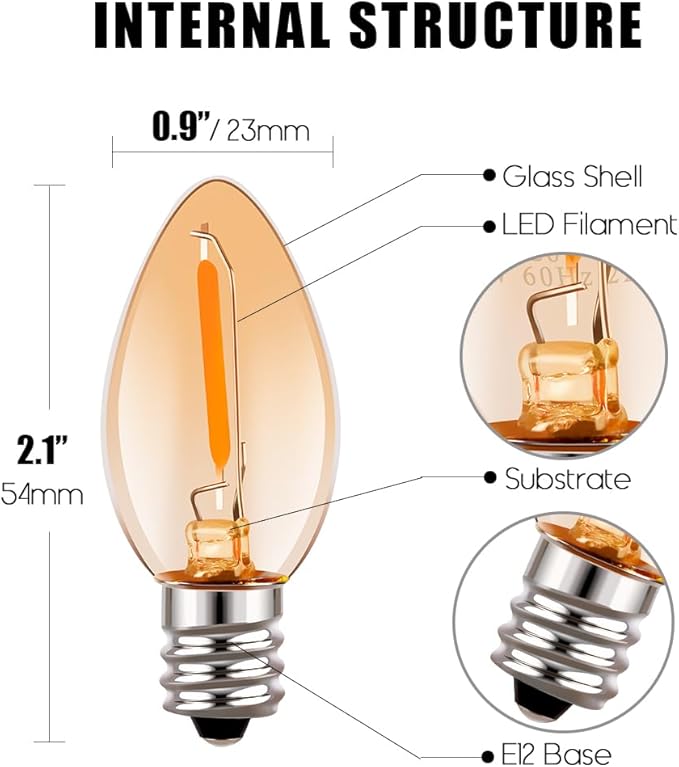 Emotionlite Night Light Bulbs, Amber LED C7 Bulb, 4W 5W 6W 7W Equivalent, E12 Candelabra Base, Salt Lamp and Nightlight Replacement Bulb, 0.6W, Amber Yellowish 2200K, 50LM, 4 Pack