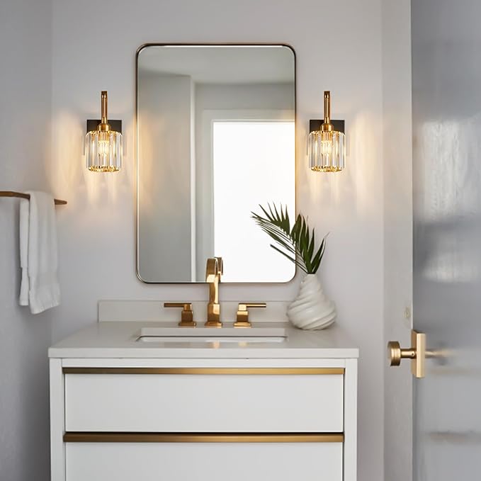 Wall Sconces, Set of 2 Black Gold Crystal Vanity Lights, Modern Wall Lamp for Bathroom, Hallway, and Makeup, Easy Installation