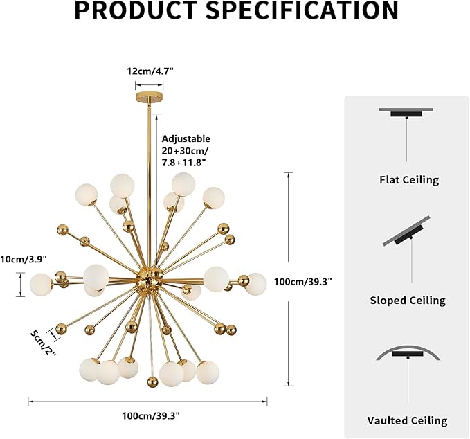 KCO Lighting Modern Gold Globe Sputnik Chandelier 18-Light Milk Glass Ball Round Pendant Lighting Mid Century Contemporary Starburst Chandelier Kitchen Island Dining Lights Fixture (18-Light)