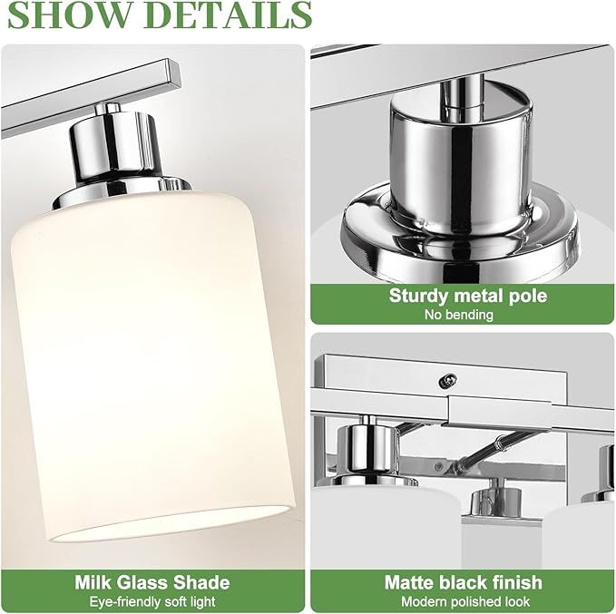 4-Light Vanity Light with Milky White Shades, Chrome Bathroom Lighting Fixtures Over Mirror, Modern Bathroom Wall Lamp for Mirror Living Room Cabinet Bedroom