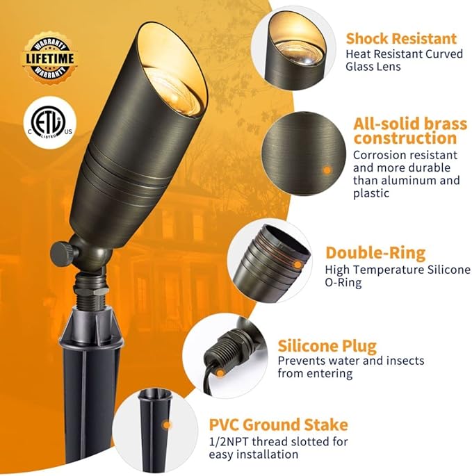 Gardenreet Brass Low Voltage Landscape Spotlights(6 Pack) Kit 12V LED with 150W Low Voltage Transformer and Mechanical Timer and 100 Feet Wire and 30Pack Connectors for Outdoor House Garden Patio