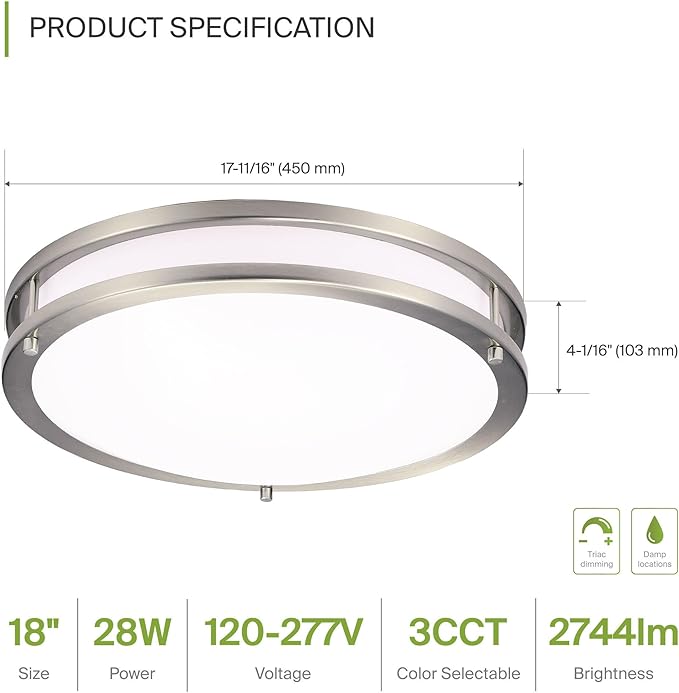 ASD LED 18" Round Flush Mount Lighting, Close to Ceiling Light Fixture | 3CCT, Dimmable, Energy Star, ETL Listed | 28W 2750LM 3000-5000K 100-277V | Low Profile Double Ring Lamp | Nickel