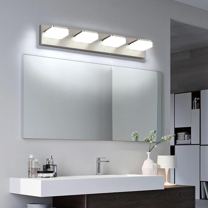 LED Vanity Light Fixture for Bathroom, 4-Light Brushed Nickel Bathroom Light Over Mirror, Modern Vanity Lighting Wall Light Fixtures