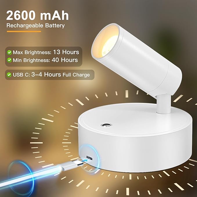 Kimjo Rechargeable Spot Lights for Plants, Wireless LED Spotlight, Uplighting Indoor with Remote and Dimmable, Accent Lighting for Picture, Battery Operated Wall Light with Metal Lampshade (2 Pack)