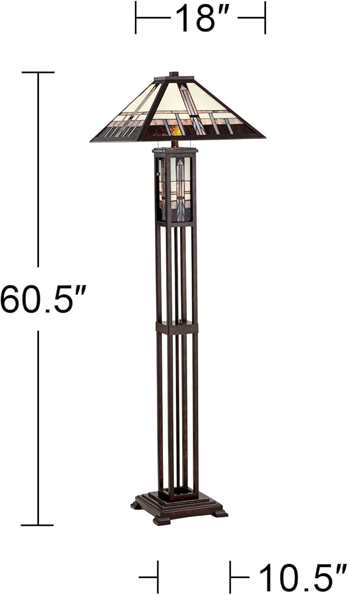 Robert Louis Tiffany Mission Southwest Tiffany Style Standing Floor Lamp with Night Light Art Deco 60.5" Tall Oiled Bronze Copper Stained Glass Shade Decor for Living Room Reading House Bedroom