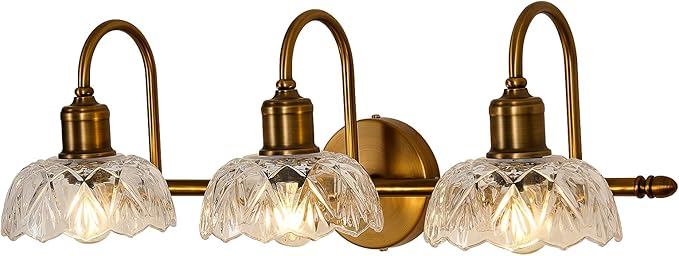 UOFUS Gold Vintage Vanity Light 3 Lights Bathroom Lighting Fixtures Over Mirror with Clear Glass Shade
