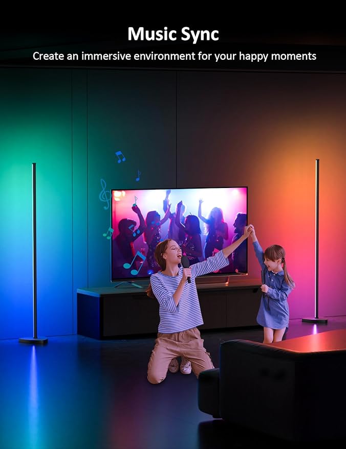 Corner Floor Lamp Pair, RGB IC Corner Lamps with APP and Remote Control, 16 Million Colors, Memory and Timing, Music Sync Color Changing Ambient Lighting for Living Room Bedroom Gaming(Ycord Type)