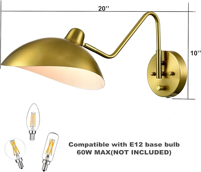 Plug-in Wall Sconce Gold Swing Arm Wall Sconce Brass Wall Lamp with on/Off Switch for Bedroom Set of 2