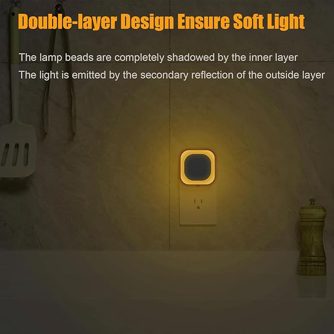 2 Pack Plug in Dimmable Night Light, Square Nightlight, Auto Dusk to Dawn Sensor, Soft Glow, Diffused Light, Golden Yellow Light for Bathroom, Hallway, Stairs, Kitchen, Bedroom, Garage