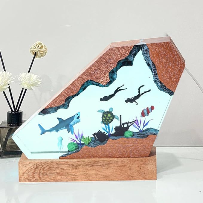 Shark Ocean Resin Lamp, Handmade Resin Night Light for Home Office Decor, Multi-Color LED Light with USB Port, Shark Gifts for Birthday Holiday, Valentine's Day Gifts for Men Him Kids (10"x6")