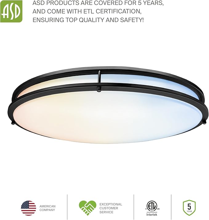 ASD LED 24" Oval Flush Mount Lighting, Close to Ceiling Light Fixture | 5CCT, Dimmable, ETL Listed | 38W 3280LM 2700-5000K 120V | Low Profile Double Ring Lamp | Black, 2 Pack